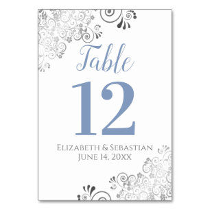 Numeração De Mesa Cinza Azul no Casamento Branco Elegante Frilly