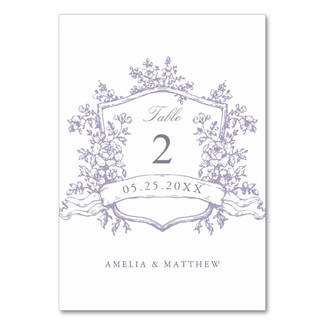 Numeração De Mesa Classic Floral Crest Lavender Wedding (Frente)