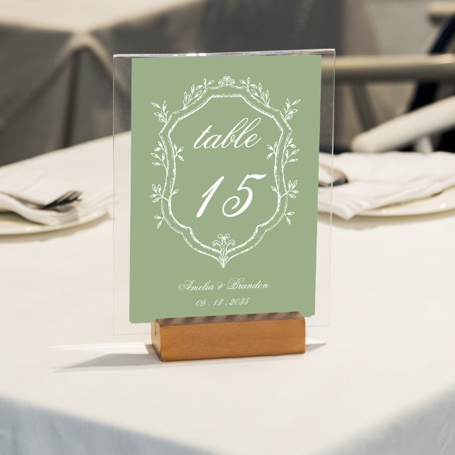 Numeração De Mesa Classic Sage Green & White Floral Crest Wedding (Criador carregado)