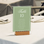Numeração De Mesa Classic Sage Green & White Wedding Seating Chart<br><div class="desc">Create an elegant and organized reception with this classic sage green wedding seating chart table number. Designed with a soft sage green background, refined white border, and graceful script typography, this piece blends timeless style with clear readability. Ideal for formal, classic, garden, or minimalist weddings, the layout allows guest names...</div>