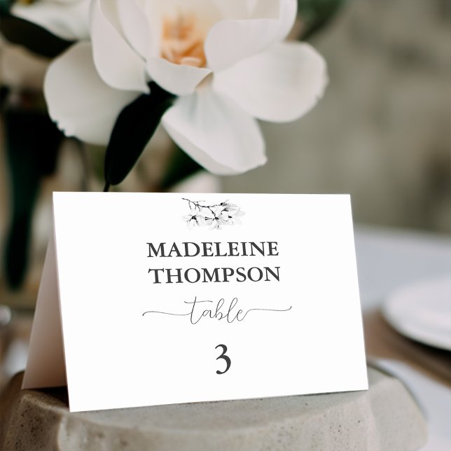 Numeração De Mesa Clássica Magnolia Black White Place Card (Classic Magnolia Place Card Table Number Black White Calligraphy Elegant Modern Simple Classy)
