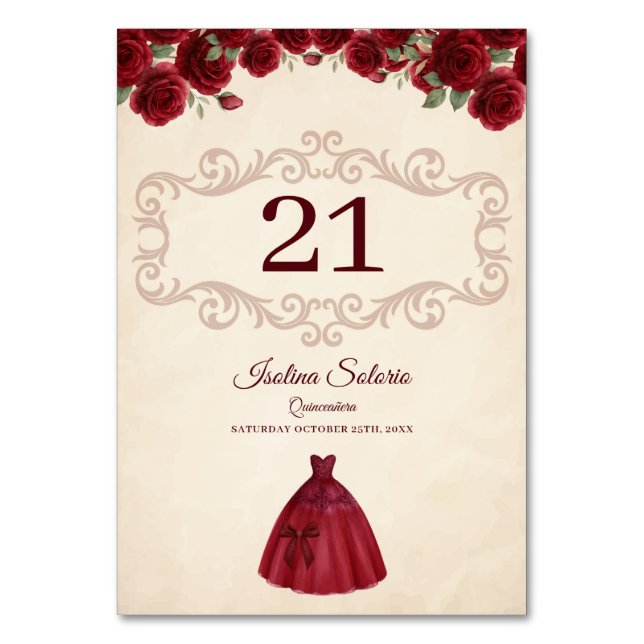 Numeração De Mesa Classy Quinceanera Red Roses Floral Burgundy  (Frente)