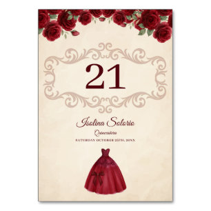 Numeração De Mesa Classy Quinceanera Rosas Vermelhas Floral Borgonha
