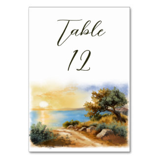 Numeração De Mesa Coast Watercolor Sunset Mediterranean Wedding