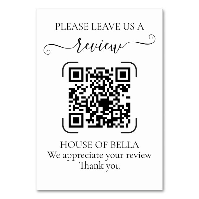 Numeração De Mesa Código QR de Letra Elegante Preta para Avaliação d (Frente)