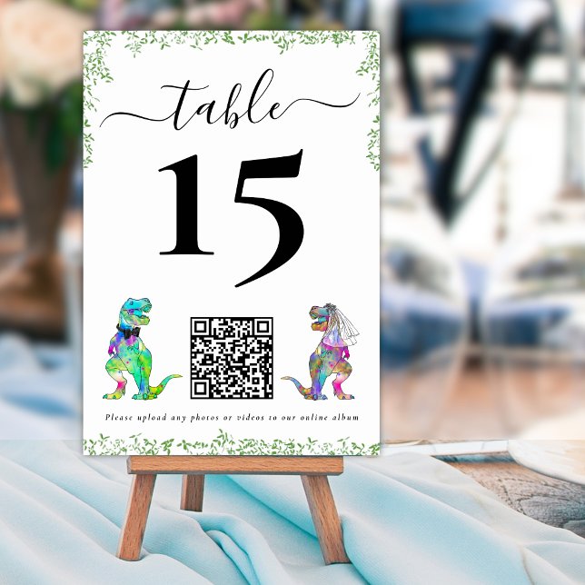 Numeração De Mesa Código QR Número da Mesa Casamento Dinossauro (Dinosaur bride and groom custom wedding qr code table number card watercolor foliage)