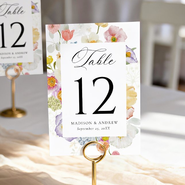 Numeração De Mesa Colorful Watercolor Wildflower Wedding (Criador carregado)