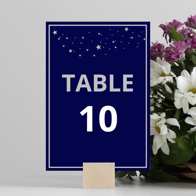 Numeração De Mesa Companhia Charity Gala Ball Elegante Silver Blue (Table number in blue with silver stars - part of the Charity Gala Ball Silver Foil Stars Collection.)