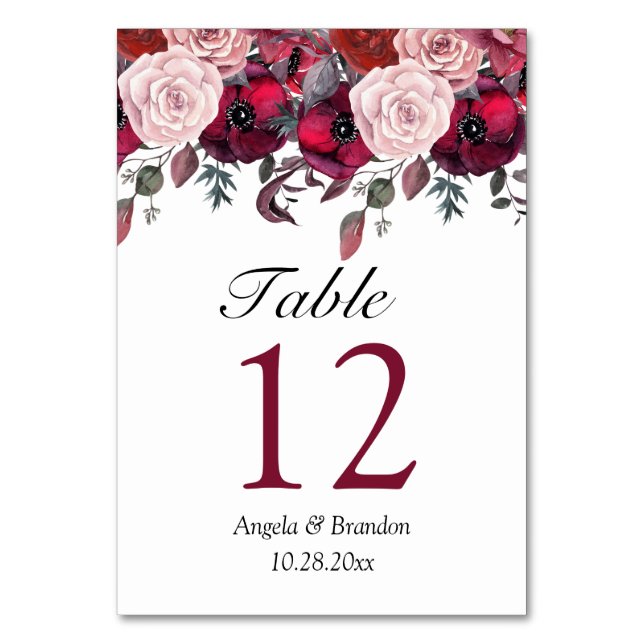 Numeração De Mesa Convite para Casamento Floral Burgundy Bloom (Frente)
