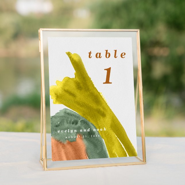 Numeração De Mesa Cor da Água dos Tons da Terra (Bright vibrant watercolor wash in earth tone colors wedding suite modern table number sign.)