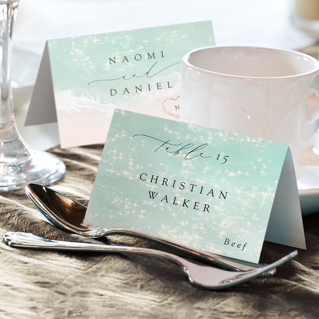 Numeração De Mesa Coração de Criptografia Moderna da Praia Carta de  (Modern Script Hearts Beach Foldable Place Card)