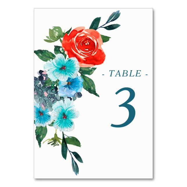 Numeração De Mesa Coral e Aqua Floral Wedding (Frente)