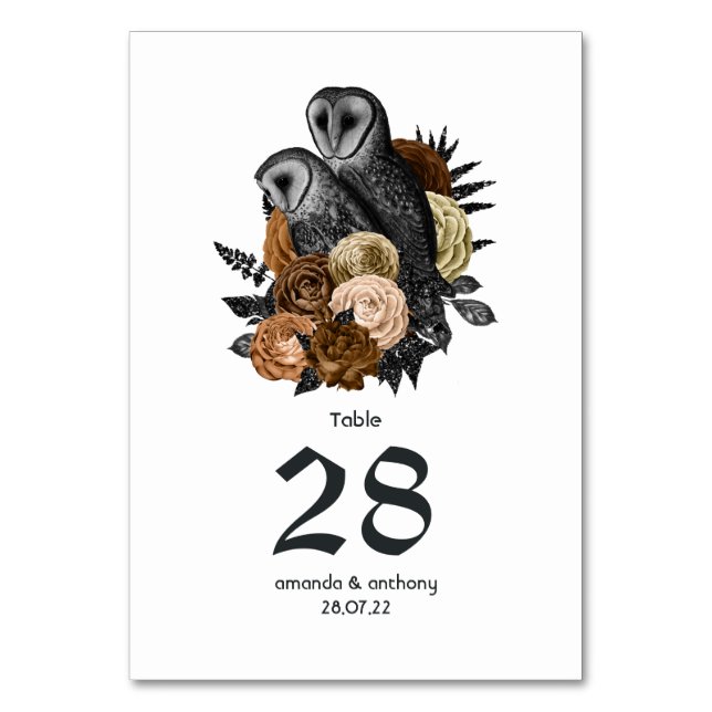 Numeração De Mesa Coruja Floral Âmbar Casamento Gótico (Frente)