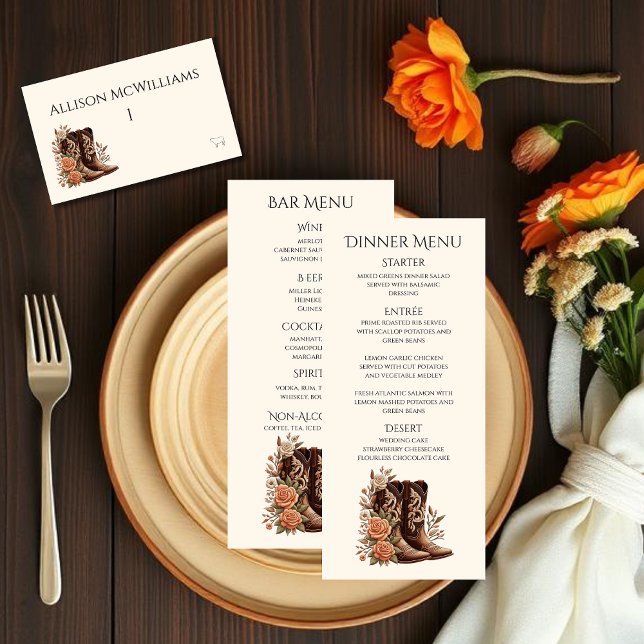 Numeração De Mesa Country Western Flowers com Pork Cowboy Boots (Country Western-Flowers with Cowboy Boots-Wedding Place Cards with Meal Icons)