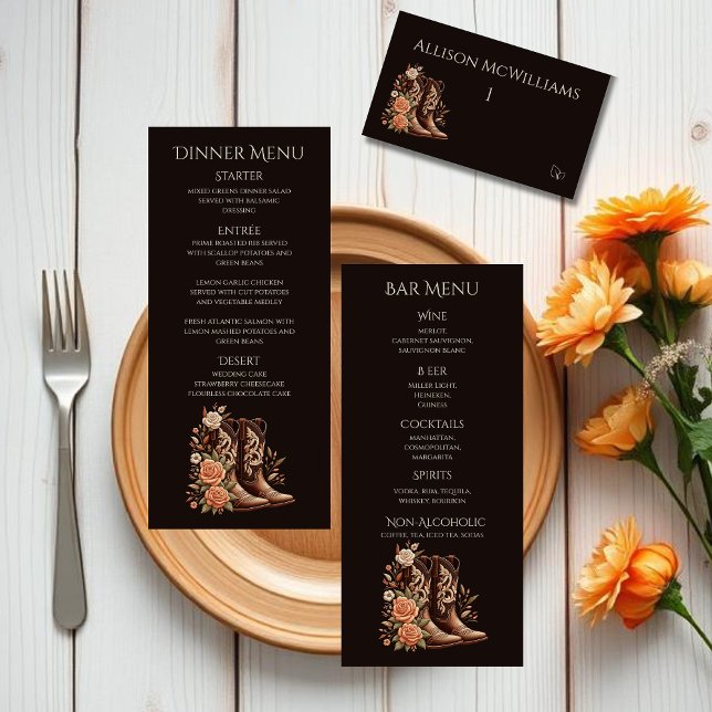 Numeração De Mesa Country Western Flowers com Pork Cowboy Boots (Country Western-Flowers with Cowboy Boots-Wedding Place Cards with Meal Icons)