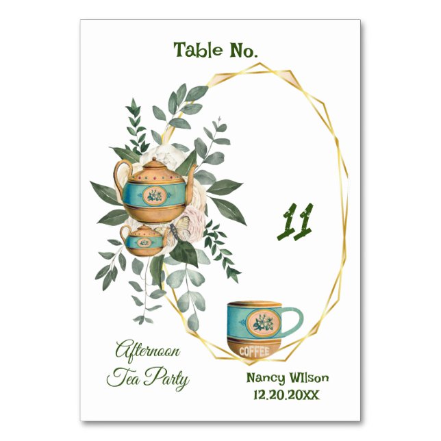 Numeração De Mesa Cozy Cup Teapot Greenery Afternoon High Tea Party (Frente)