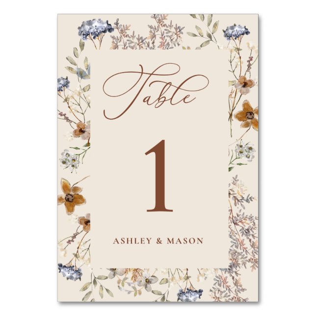 Numeração De Mesa Cream Watercolor Flores Selvagens Caligrafia (Frente)