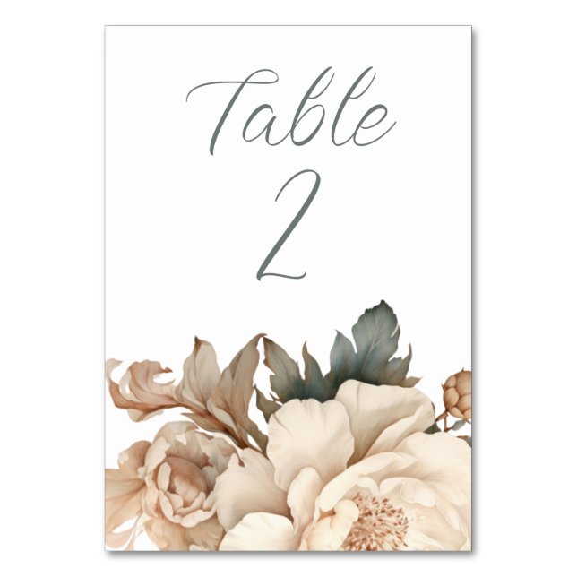 Numeração De Mesa Creme Elegante e Taupe com Casamento Floral Verde (Frente)