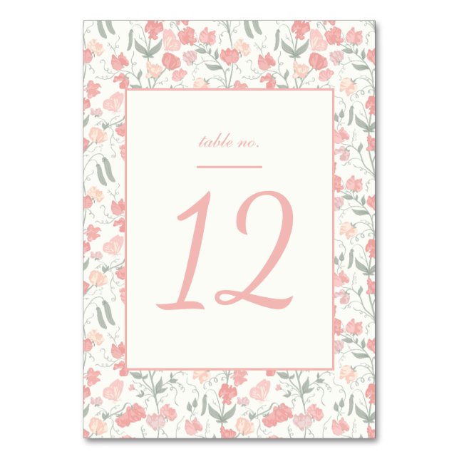Numeração De Mesa Creme Floral de Ervilha Doce e Casamento Rosa (Frente)