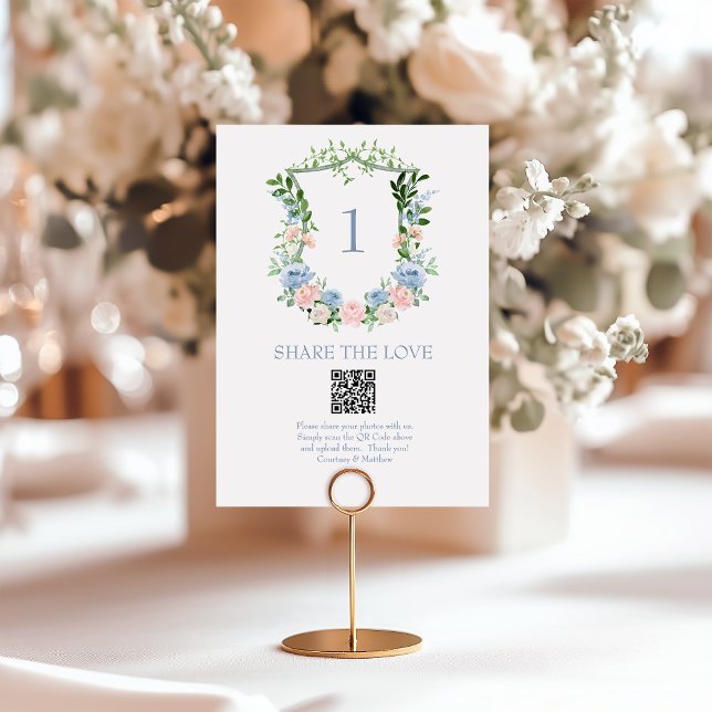Numeração De Mesa Crest Floral Azul Empoeirado Código QR Compartilha (Criador carregado)