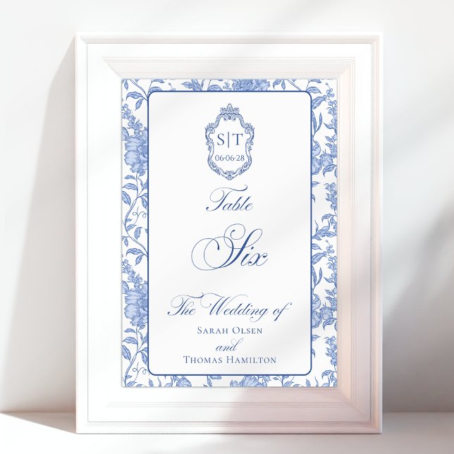 Numeração De Mesa Crest Monogram Blue Floral Script Six (Criador carregado)