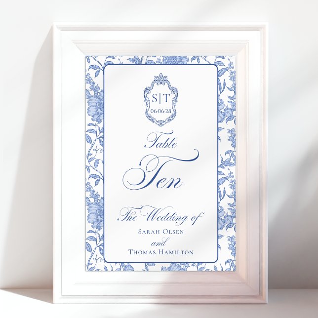 Numeração De Mesa Crest Monogram Blue Floral Script TEN (Criador carregado)