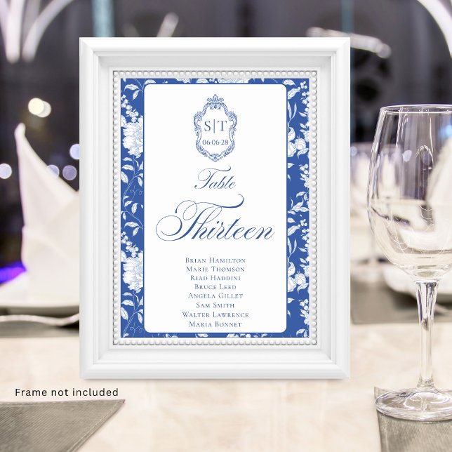 Numeração De Mesa Crest Monogram Blue Floral Script Thirteen 8 Names (Criador carregado)