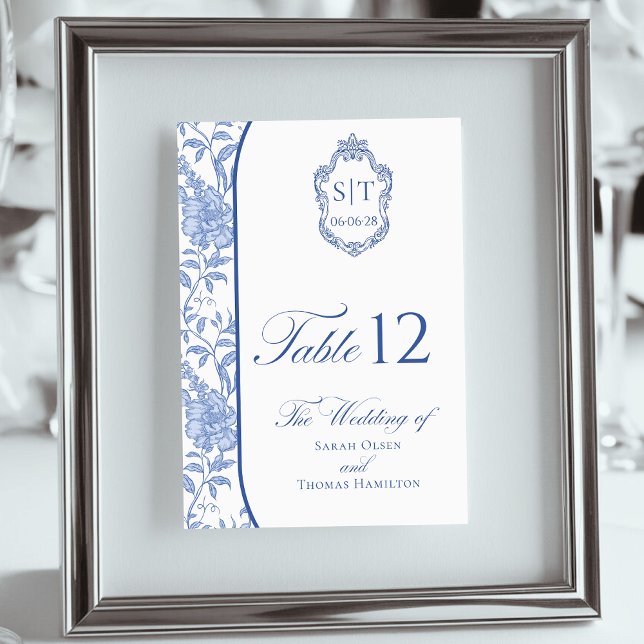 Numeração De Mesa Crest Monograma Delft Azul Floral Script (Criador carregado)