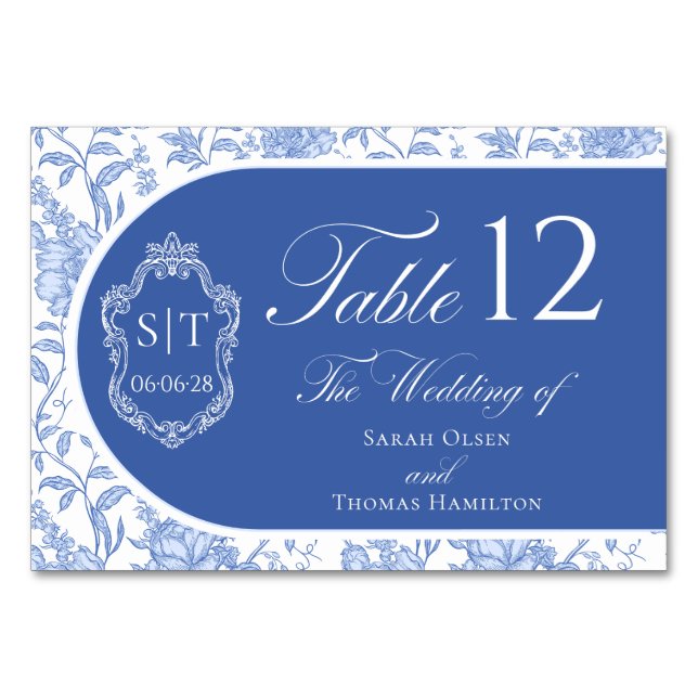 Numeração De Mesa Crest Monograma Delft Azul Floral Script (Frente)