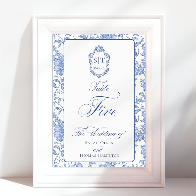 Numeração De Mesa Crest Monograma Floral Azul Script Cinco (Criador carregado)