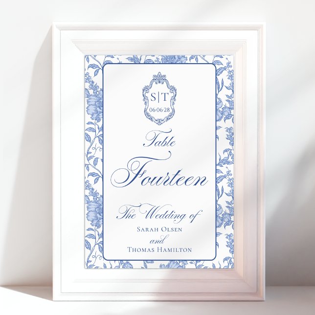 Numeração De Mesa Crest Monograma Floral Azul Script Quatorze (Criador carregado)