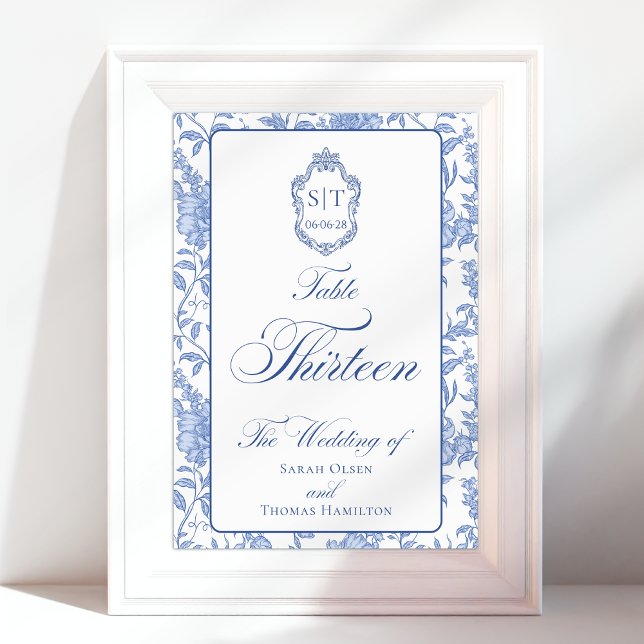 Numeração De Mesa Crest Monograma Floral Azul Script Treze (Criador carregado)