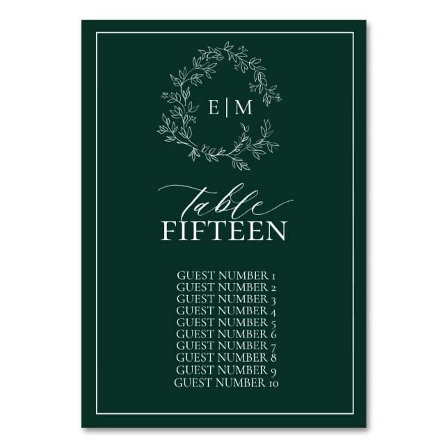 Numeração De Mesa Crista Folhosa Verde Esmeralda Monograma Casamento (Frente)