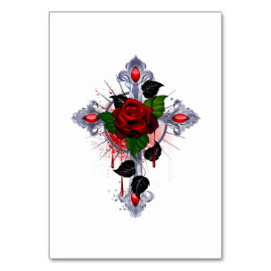 Numeração De Mesa Cruz de Prata com Rosa vermelha