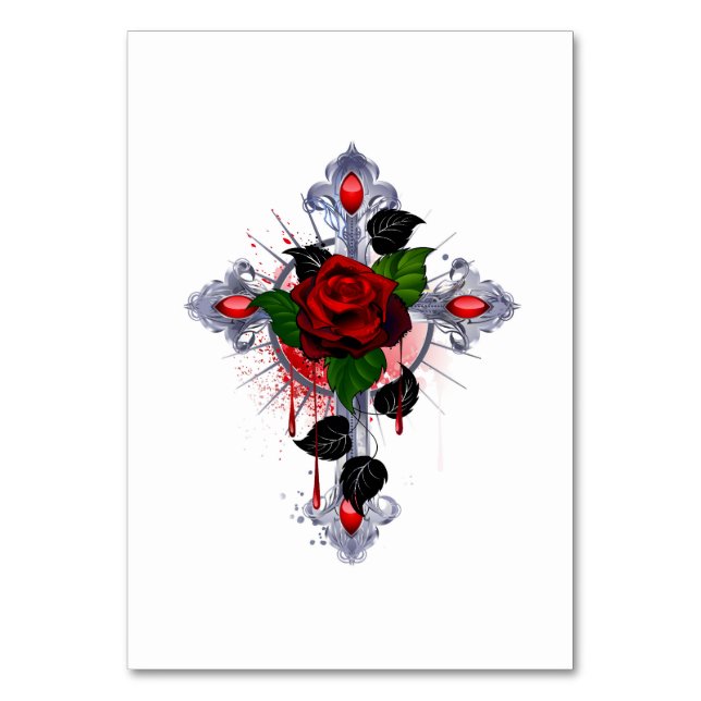 Numeração De Mesa Cruz de Prata com Rosa vermelha (Frente)
