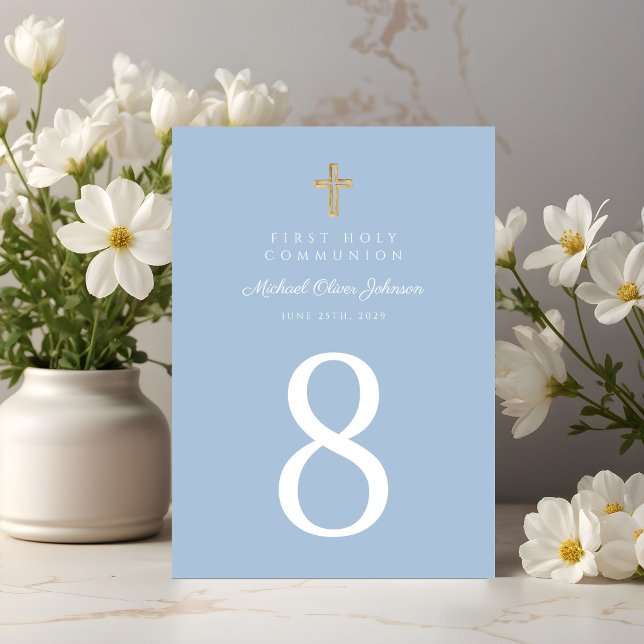 Numeração De Mesa Cruz Religiosa Azul Elegante Menino Primeira Comun (Elegant Blue Religious Cross Boy First Communion Table Number)