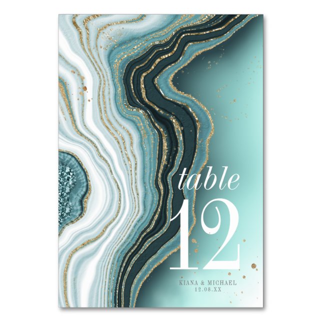 Numeração De Mesa Crystal Agate Wedding Table Number Teal ID825 (Frente)