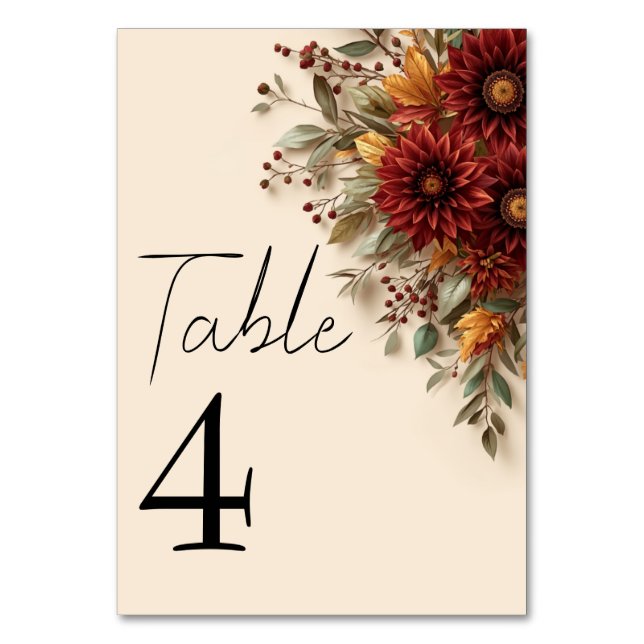 Numeração De Mesa Dália Floral de Outono Ferrugem e Flores de Outono (Frente)