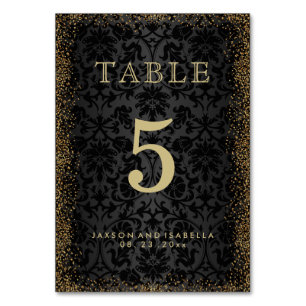 Numeração De Mesa Damasco Preto e Dourada Glitter Confetti - Placa d