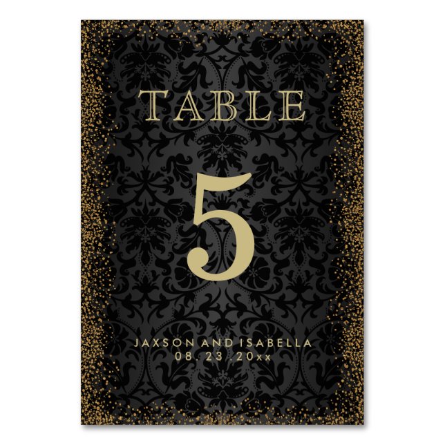 Numeração De Mesa Damasco Preto e Dourada Glitter Confetti - Placa d (Frente)