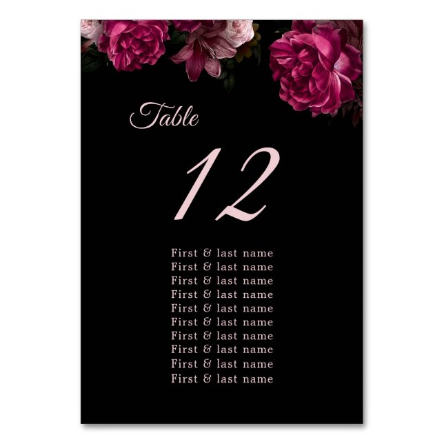 Numeração De Mesa  Dark Moody Roses Floral Wedding Seating Chart (Frente)