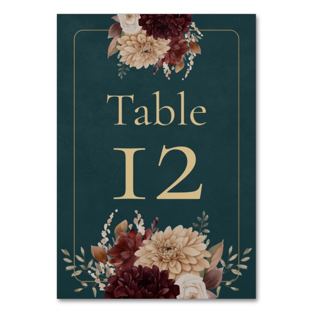 Numeração De Mesa Dark Teal Floral Gothic Wedding Table Number (Frente)