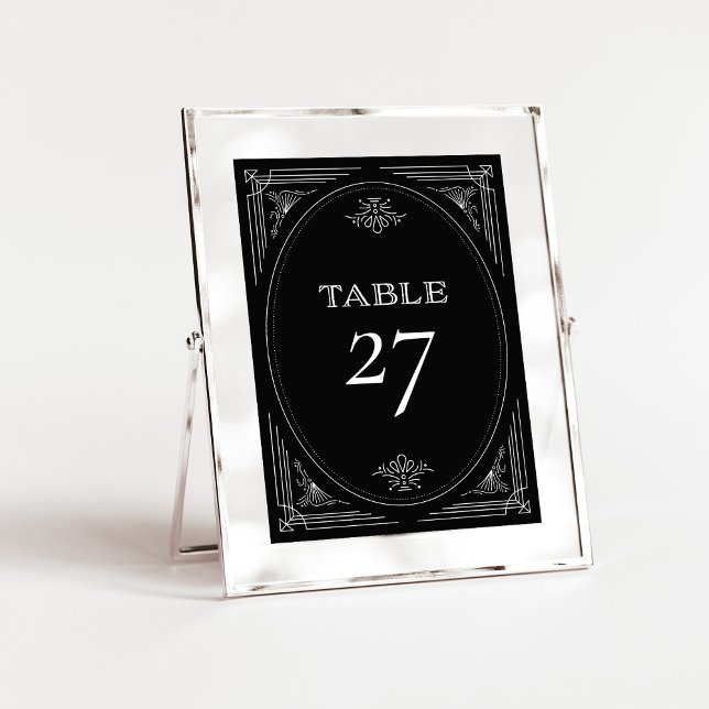 Numeração De Mesa Deco Moderno | Casamento preto e branco Elegante O (An elegant, art deco style wedding table number in dark onyx black and white)