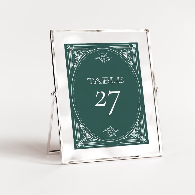 Numeração De Mesa Deco Moderno | Casamento Verde de Feriado Elegante (Festive green table numbers in an elegant art deco style for your holiday wedding)