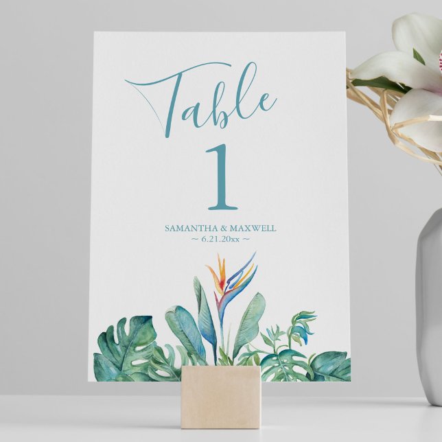 Numeração De Mesa Decoração de Casamento de Tema Tropical (tropical theme wedding table number features watercolor floral & palm leaf by Victoria Grigaliunas)