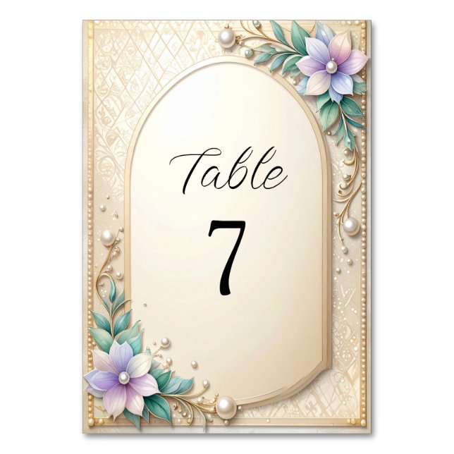 Numeração De Mesa Decorative Floral Frame with Pearls Table Number (Frente)