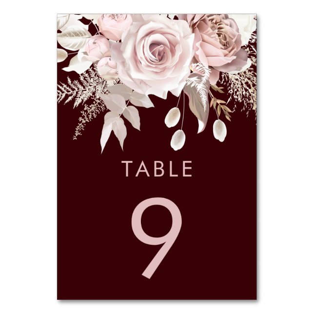 Numeração De Mesa Deep Burgundy & Blush Floral Wedding Reception (Frente)