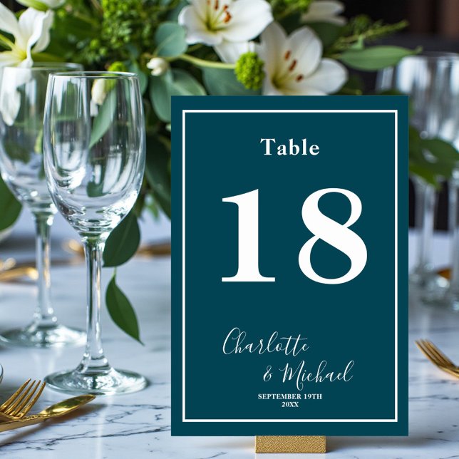 Numeração De Mesa Deep Teal Script Minimalist Wedding (Criador carregado)