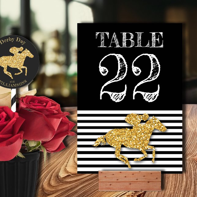 Numeração De Mesa Derby Dourado Cavalo de Corrida em Stripes (Printed on both sides, table number cards and sticker (on the straw) shown sold separately.)