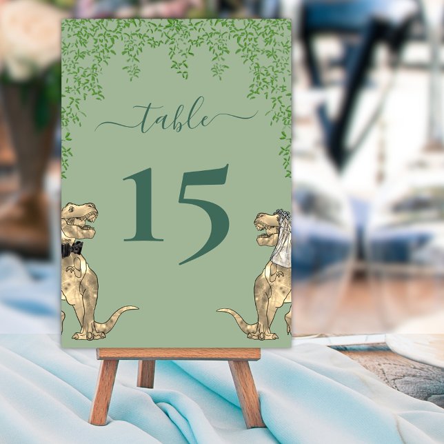 Numeração De Mesa Dinossauro: Foliage Sage Green (Dinosaur wedding sage green and dark green custom table number card T-Rex dino bride & groom script)